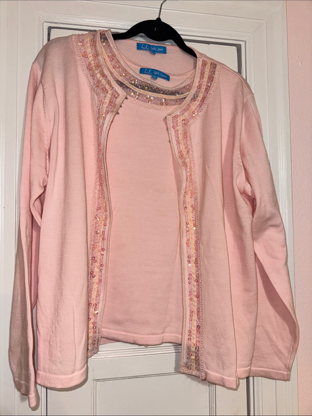 L.L. Bean Pink Beaded Open-Front Jacket